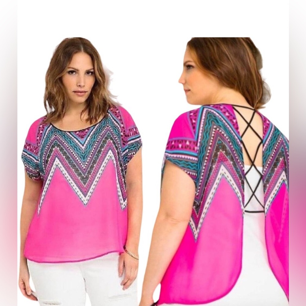torrid Pink Chevron-Print Short Sleeve Top with Lace-Up Back Detail